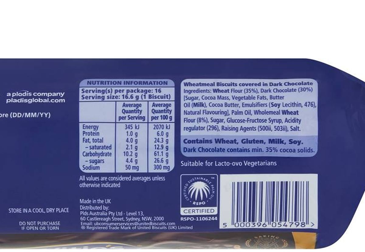 Pack photograph of McVitie's Digestives Dark Chocolate 266g showing the printed nutrition panel