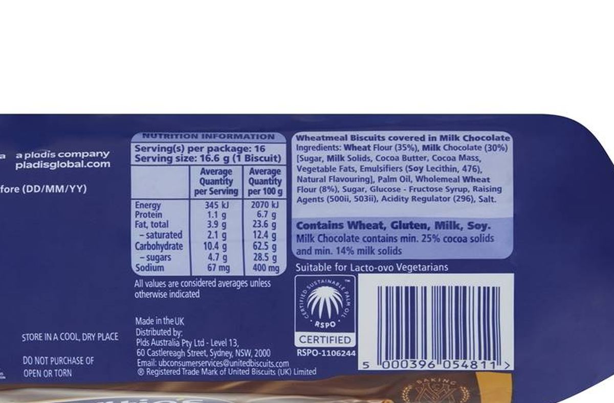 Pack photograph of McVitie's Digestives Milk Chocolate 266g showing the printed nutrition panel