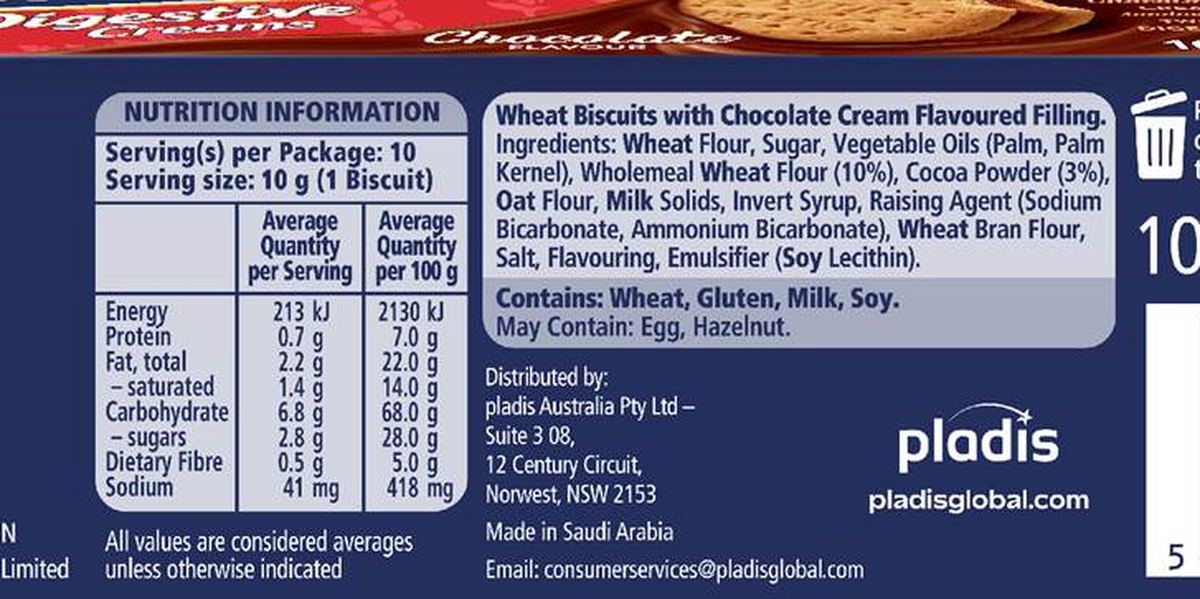 Pack photograph of McVitie's Digestive Cream Biscuits Chocolate 100g showing the printed nutrition panel