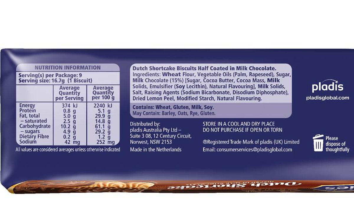 Pack photograph of McVitie's Dutch Shortcake Milk Chocolate 150g showing the printed nutrition panel