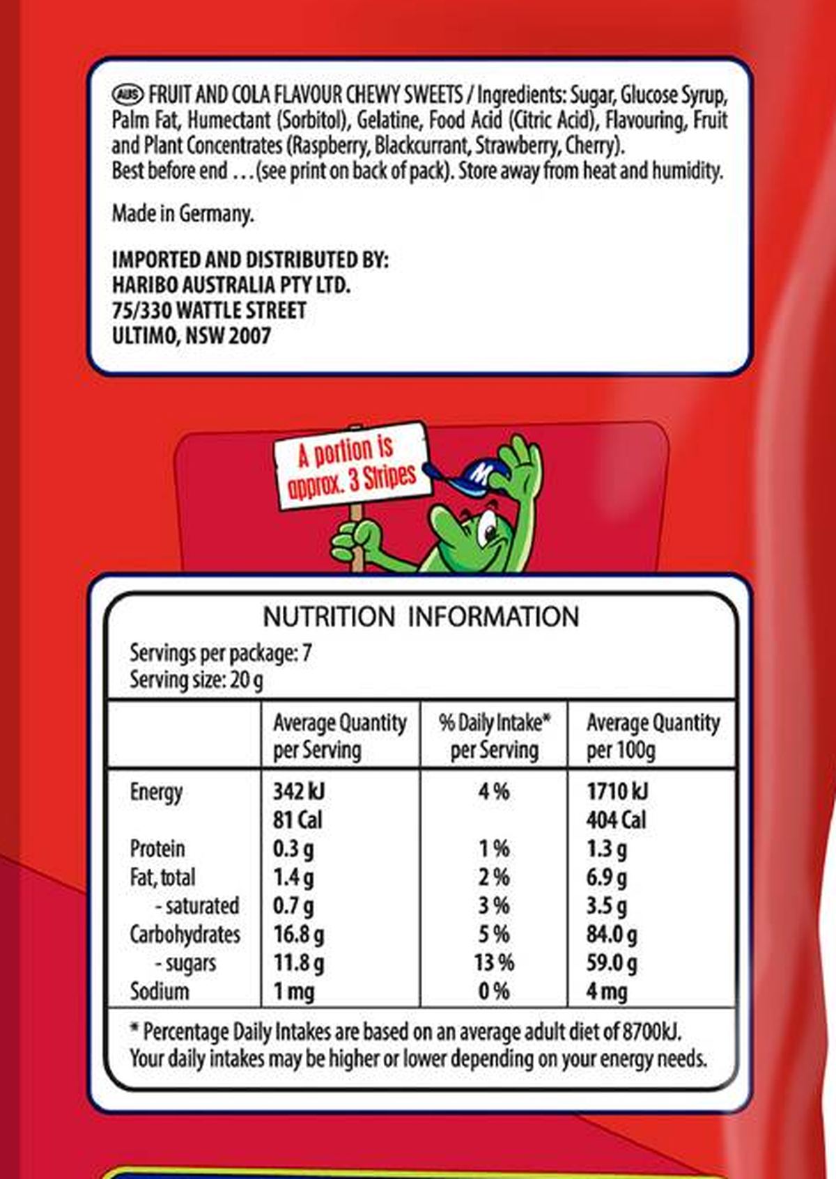 Pack photograph of Maoam Stripes Chews 140g showing the printed nutrition panel