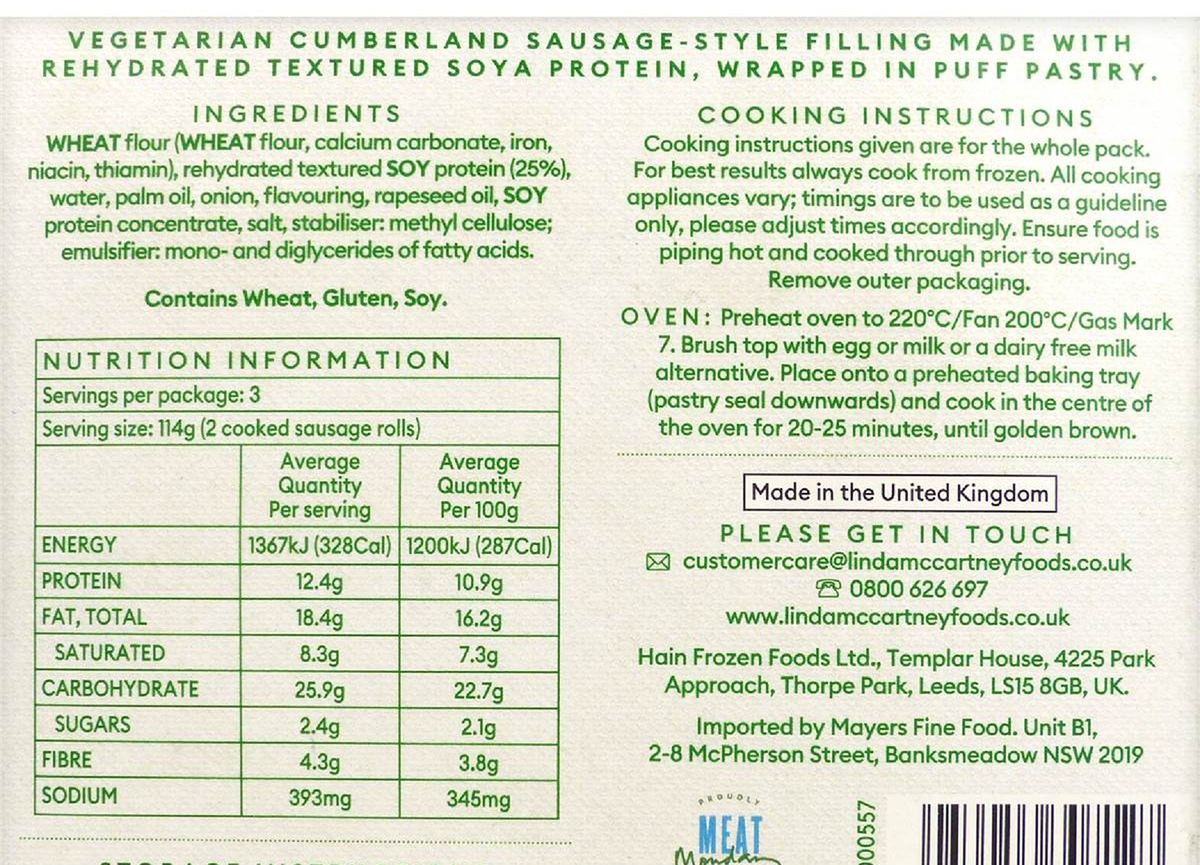 Pack photograph of Linda Mccartney's Sausage Roll Vegetarian 6 pack showing the printed nutrition panel
