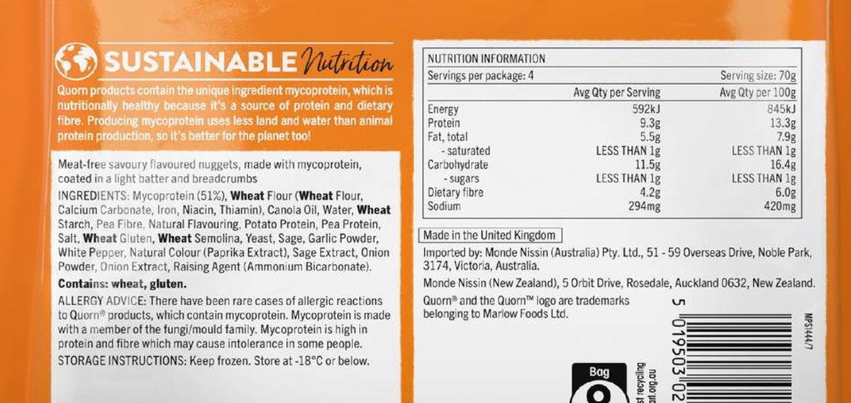 Pack photograph of Quorn Vegan Nuggets 280g showing the printed nutrition panel