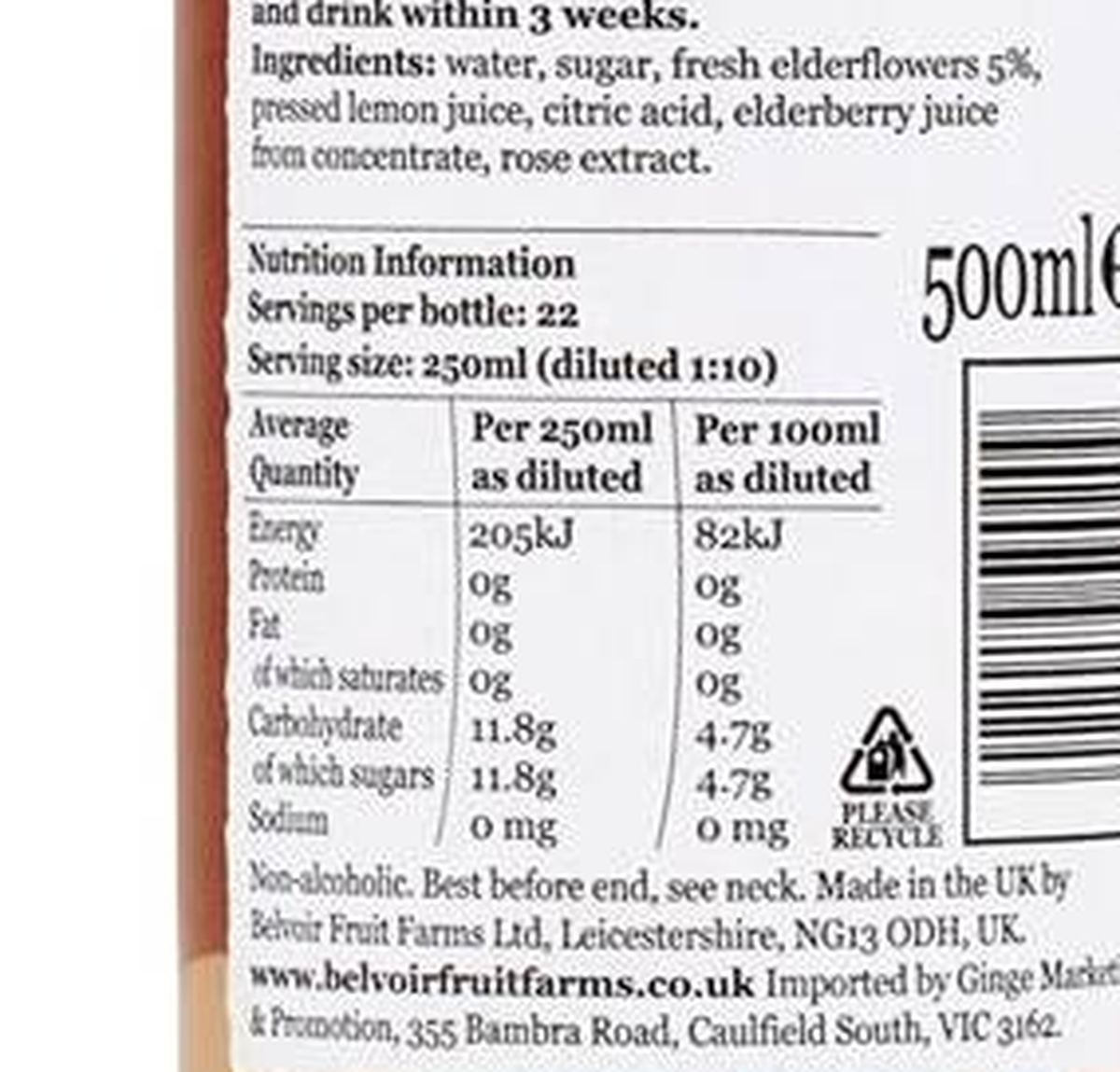 Pack photograph of Belvoir Farm Elderflower & Rose Cordial 500mL showing the printed nutrition panel