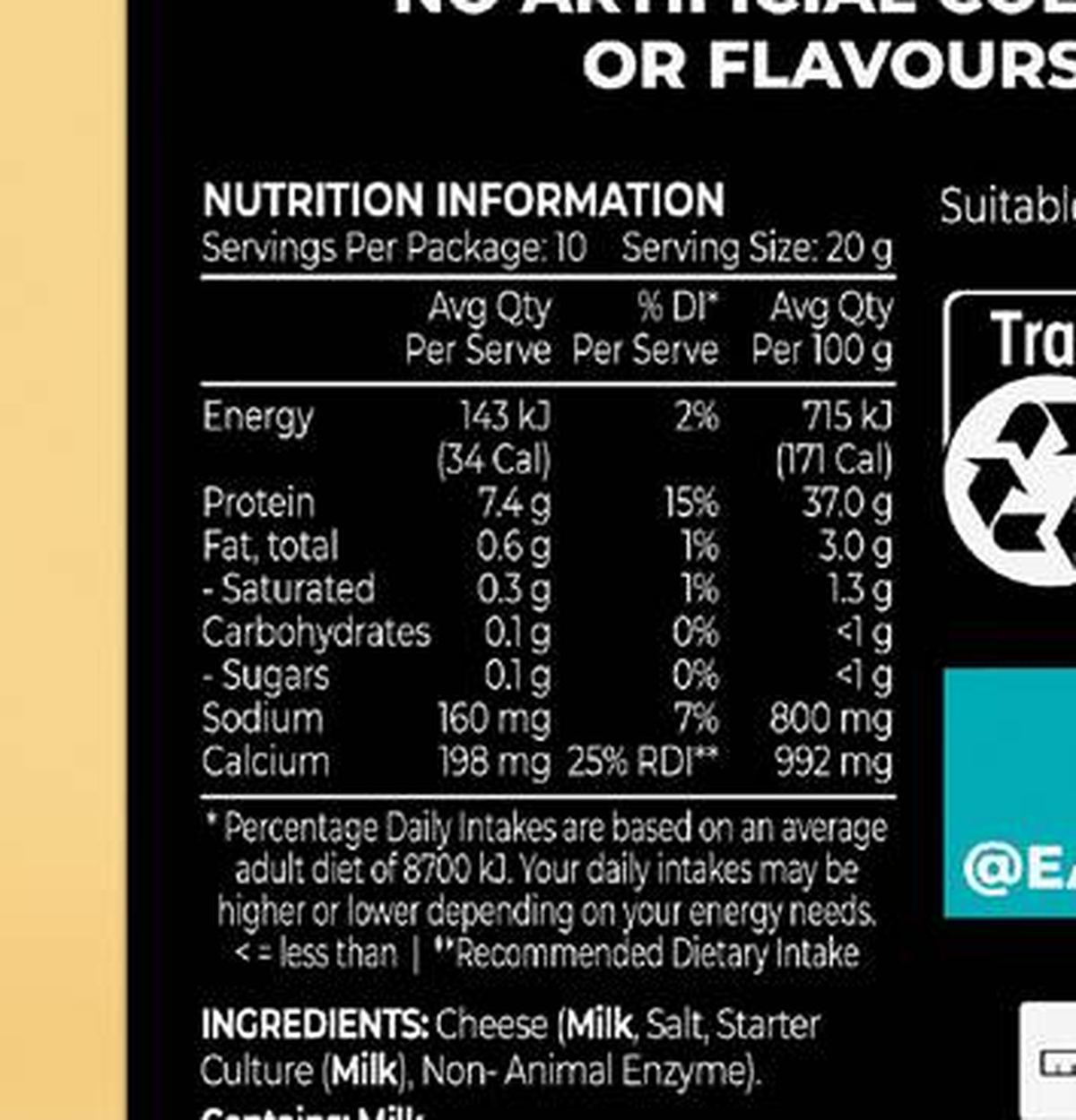 Pack photograph of Eat Lean Cheese Slices 200g showing the printed nutrition panel