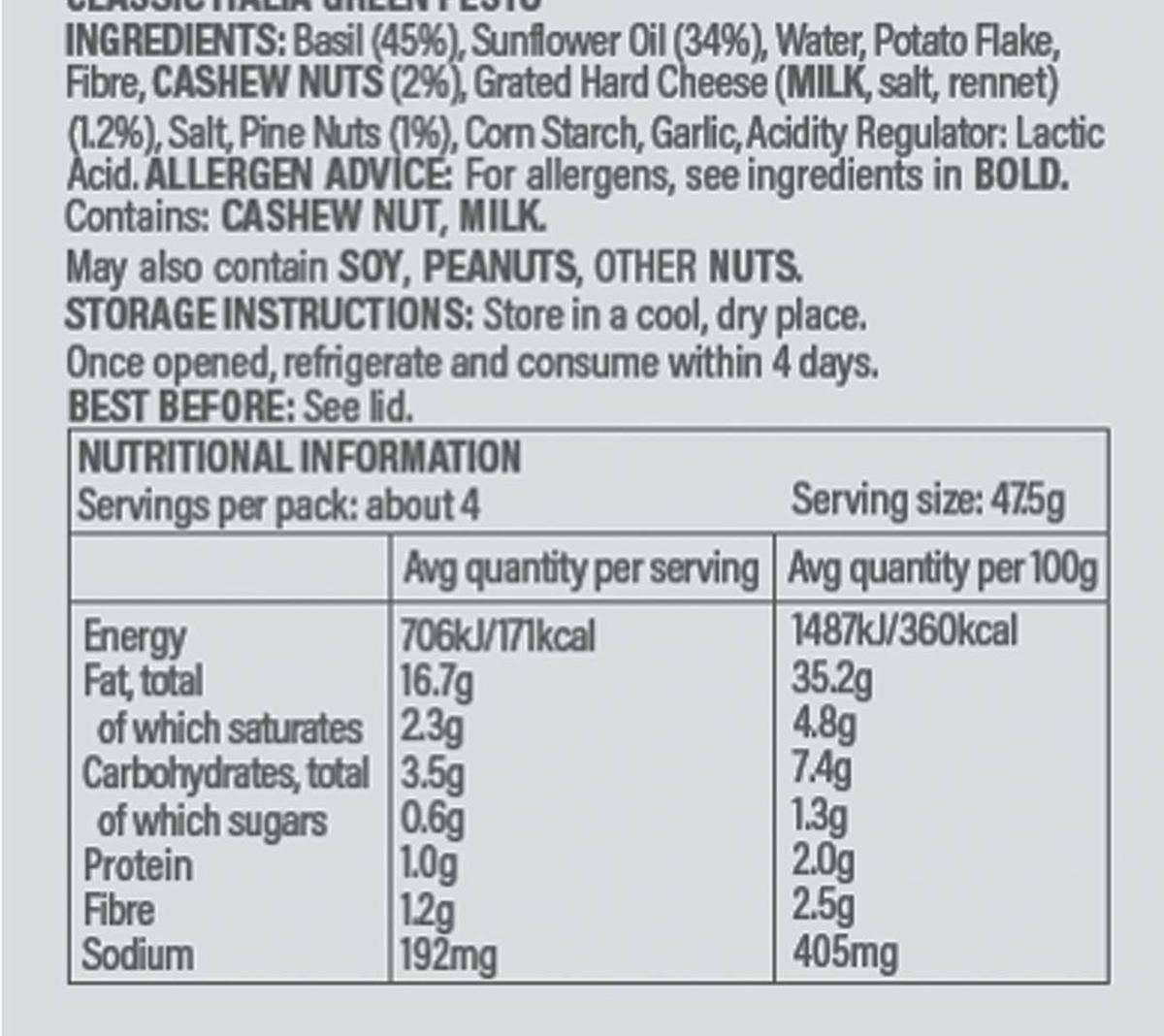 Pack photograph of Classic Italia Green Pesto 190g showing the printed nutrition panel