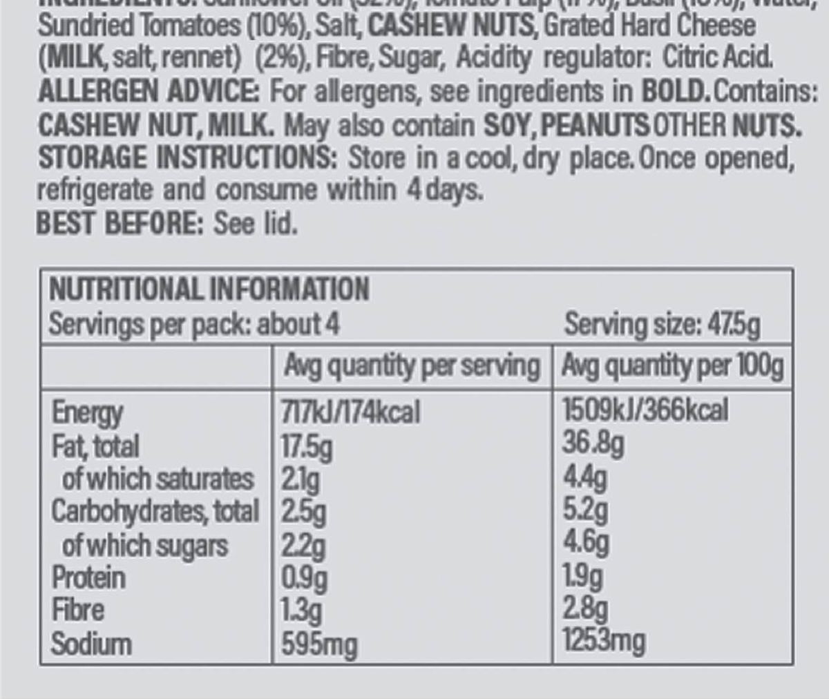 Pack photograph of Classic Italia Red Pesto 190g showing the printed nutrition panel