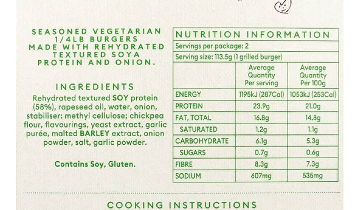 Pack photograph of Linda Mccartney's Vegetarian Burger Patties Frozen Meal 227g showing the printed nutrition panel
