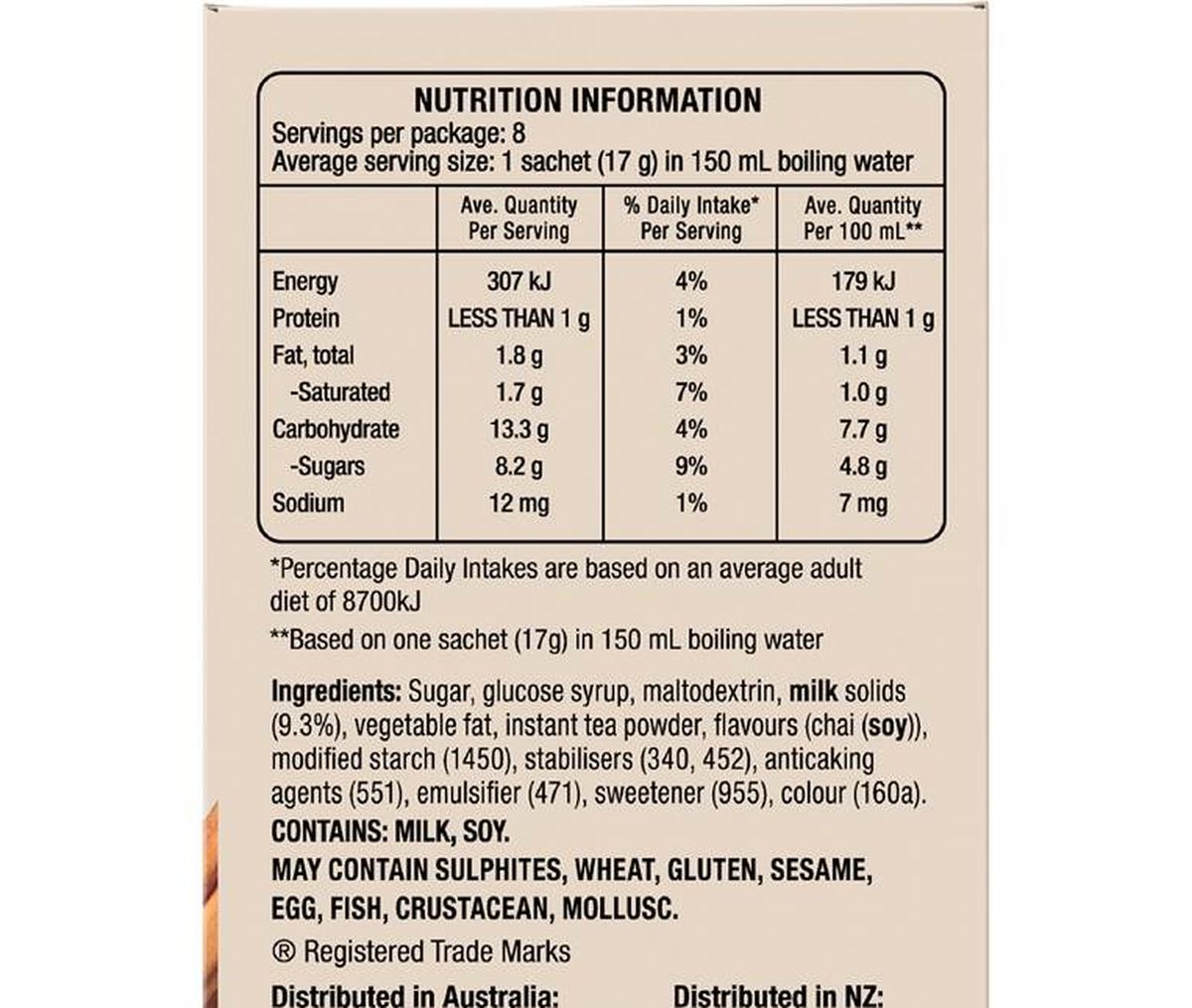 Pack photograph of Lipton Chai Latte Classic Sachets 8 pack showing the printed nutrition panel