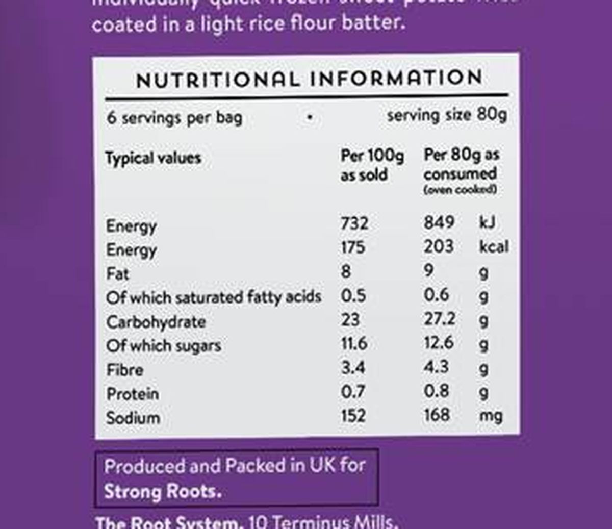 Pack photograph of Strong Roots Oven Baked Sweet Potato Fries 500g showing the printed nutrition panel