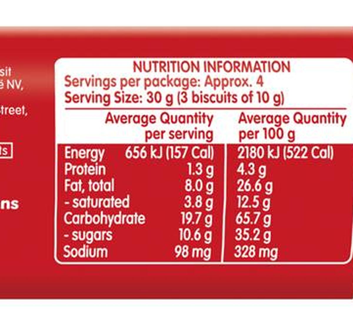 Pack photograph of Lotus Biscoff Cream Biscuits 110g showing the printed nutrition panel