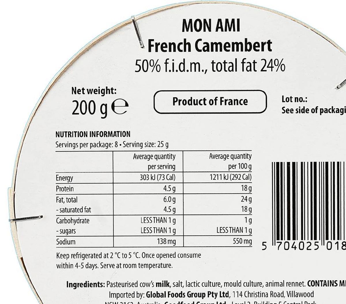 Pack photograph of Mon Ami French Camembert Cheese 200g showing the printed nutrition panel