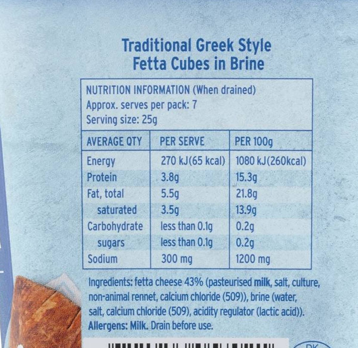 Pack photograph of Castello Greek Style Cheese Cubes In Brine 410g showing the printed nutrition panel