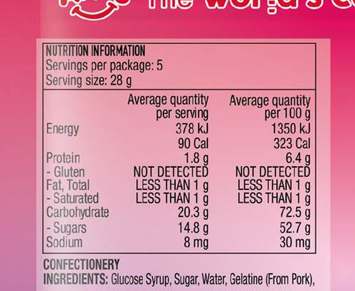 Pack photograph of Amos 4D Fruit Gummy Berry Bursts 140g showing the printed nutrition panel