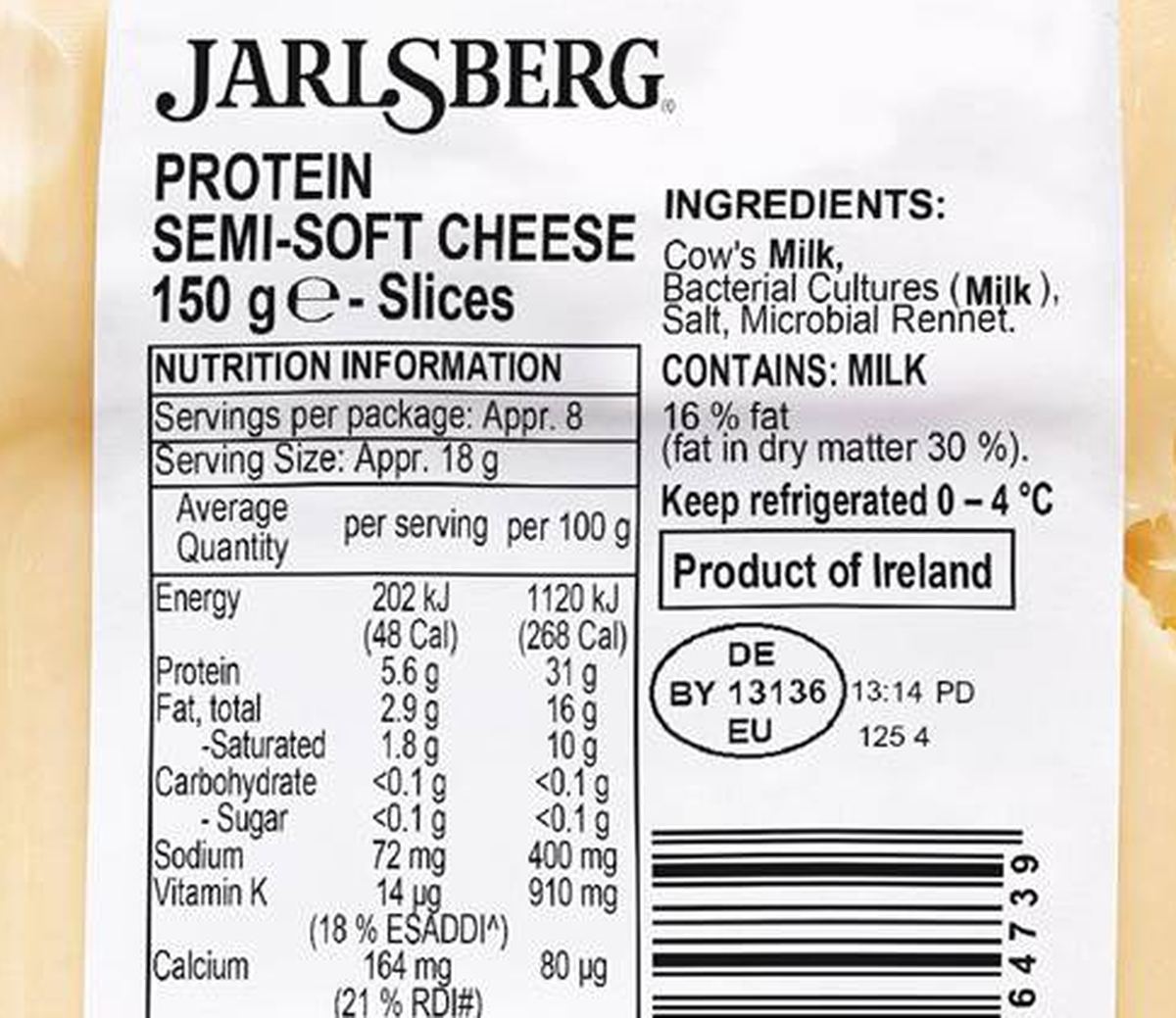 Pack photograph of Jarlsberg Protein Cheese Slices 150g showing the printed nutrition panel
