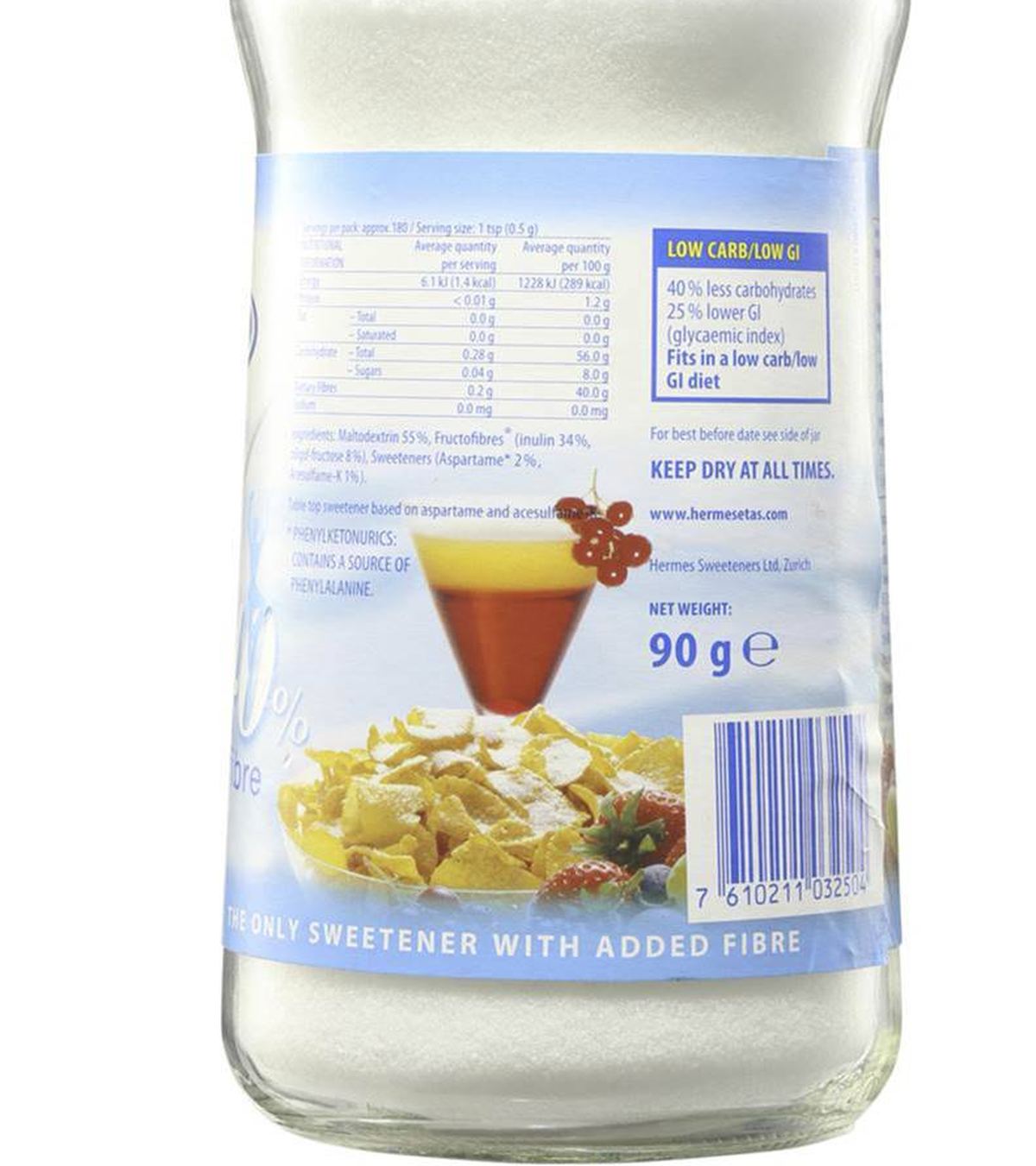 Pack photograph of Hermesetas Granulated Sweetener GRANULATED 90g showing the printed nutrition panel