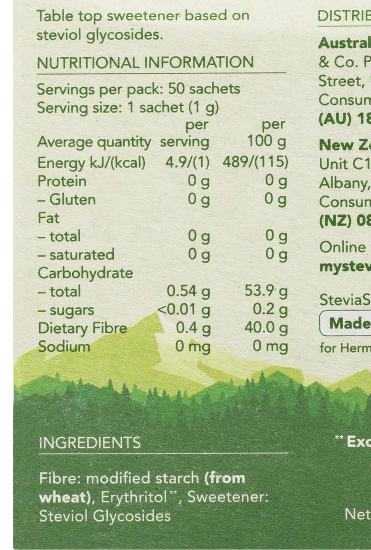 Pack photograph of Stevia Sweet Granulated Sachets 50 pack showing the printed nutrition panel