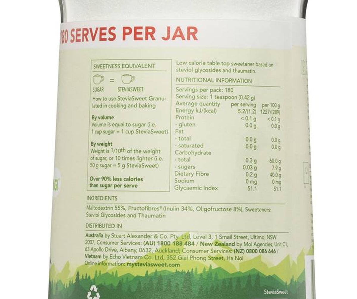 Pack photograph of Stevia Sweet Granulated Jar 75g showing the printed nutrition panel