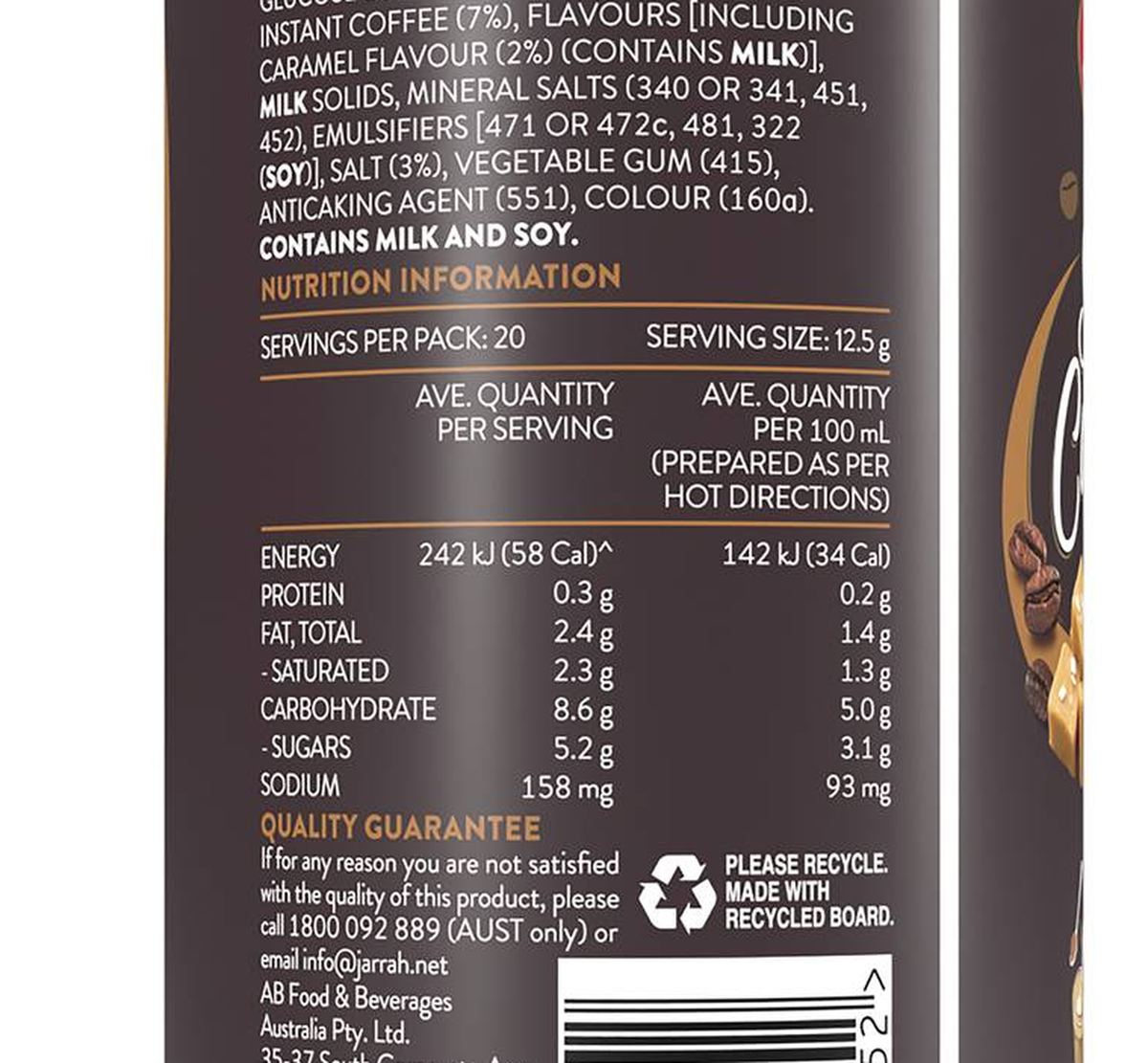 Pack photograph of Jarrah Salted Caramel Latte Instant Coffee 250g showing the printed nutrition panel