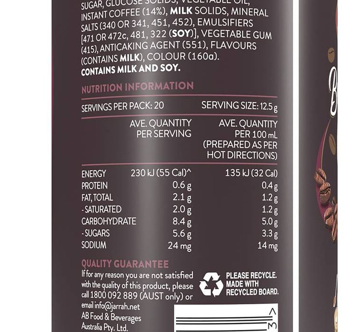 Pack photograph of Jarrah Brazilian Café Latte Instant Coffee 250g showing the printed nutrition panel