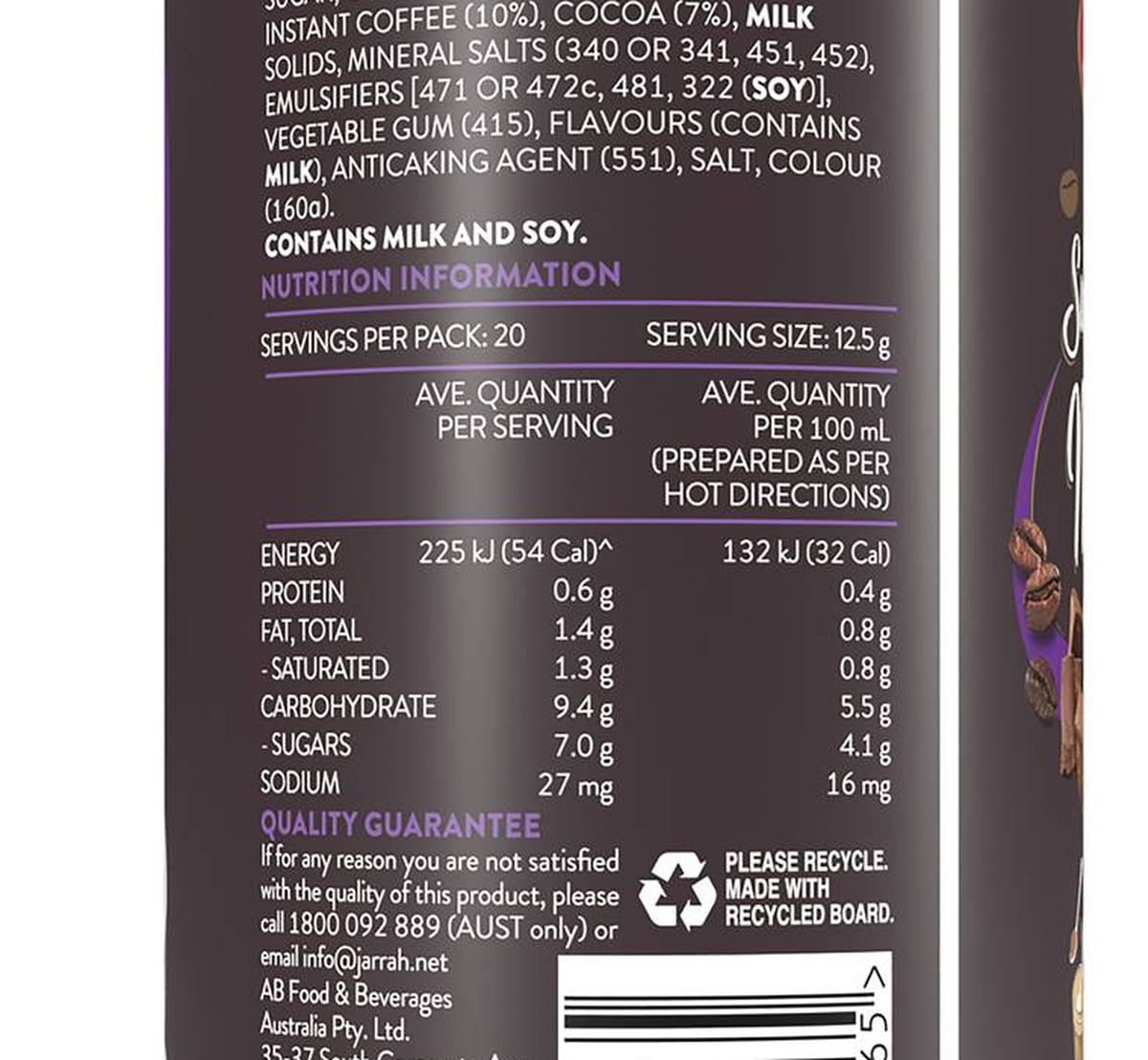Pack photograph of Jarrah Swiss Café Instant Mocha Swiss Style Cocoa 98% Fat Free 250g showing the printed nutrition panel