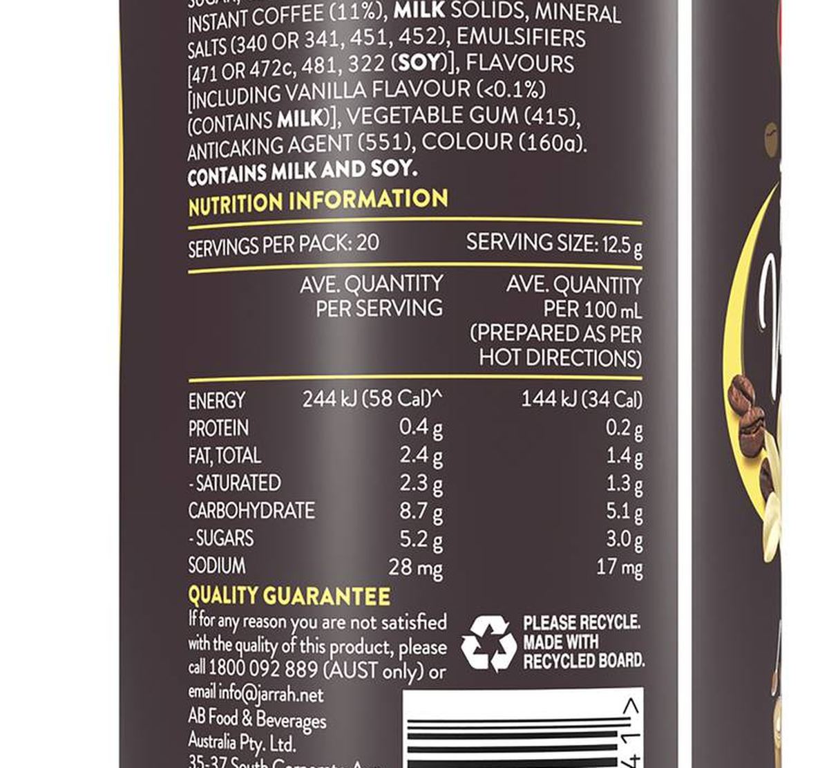 Pack photograph of Jarrah French Vanilla Latte Instant Coffee 250g showing the printed nutrition panel