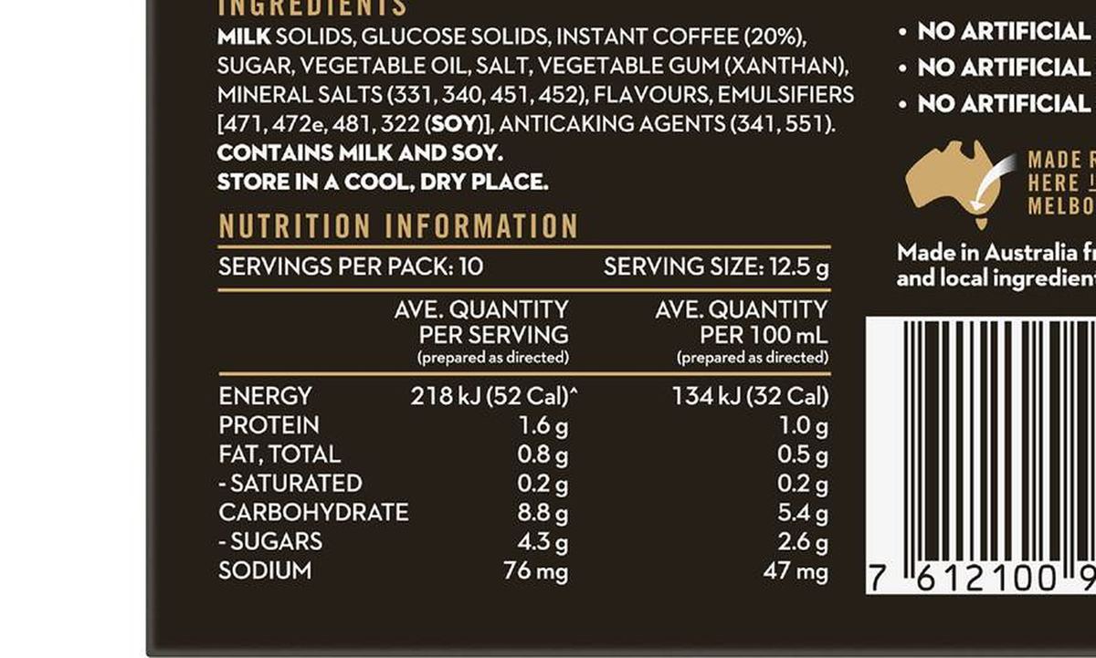 Pack photograph of Jarrah Strong Cappuccino Sachets 10 pack showing the printed nutrition panel