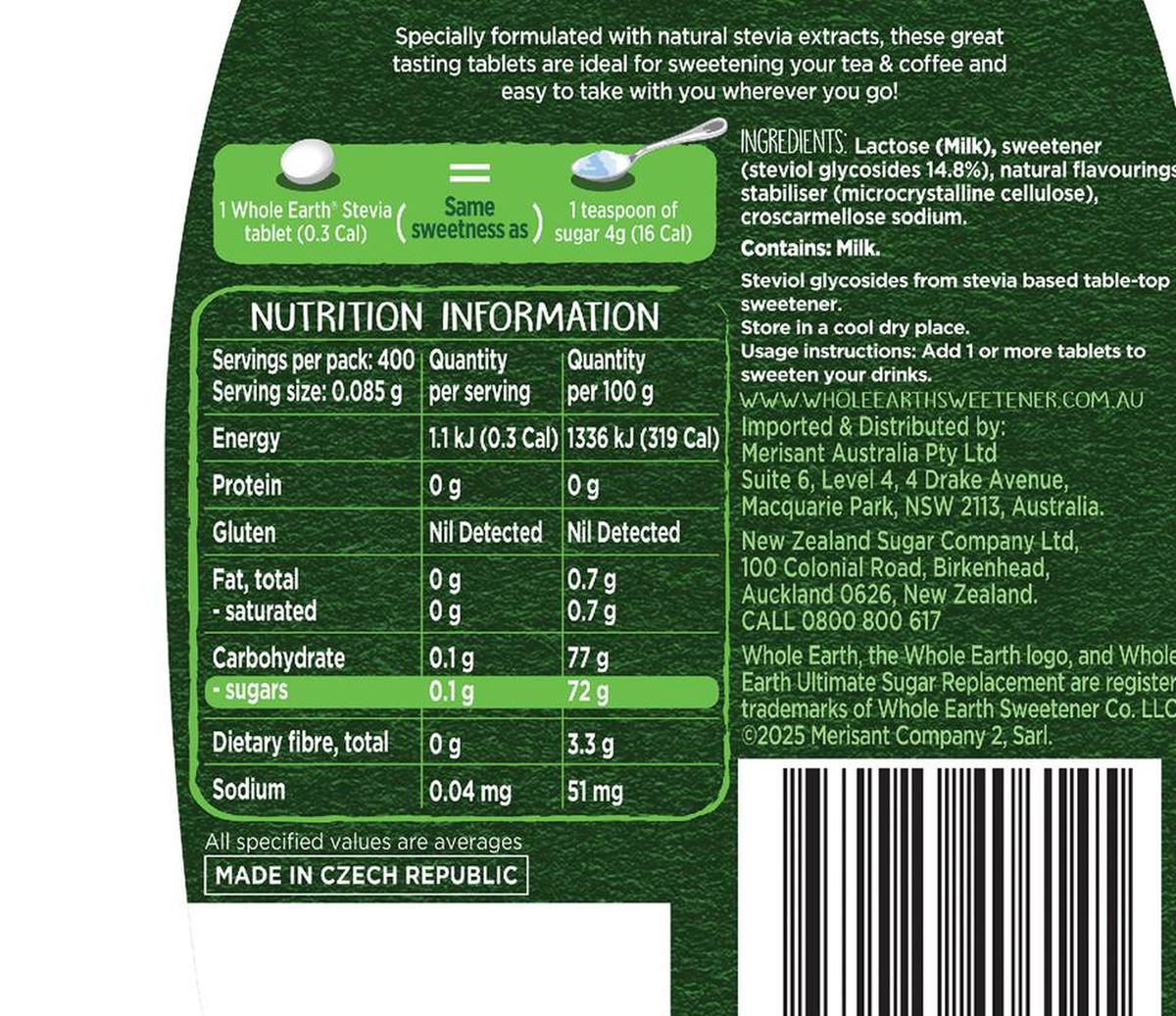 Pack photograph of Whole Earth Stevia Tablets 400 pack showing the printed nutrition panel