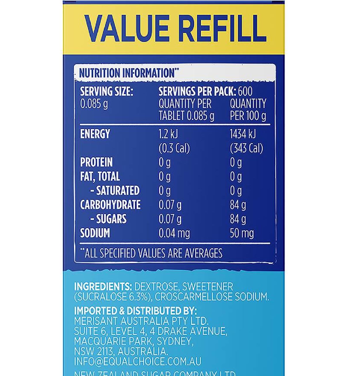 Pack photograph of Equal Sweetener Tablets 600 pack showing the printed nutrition panel