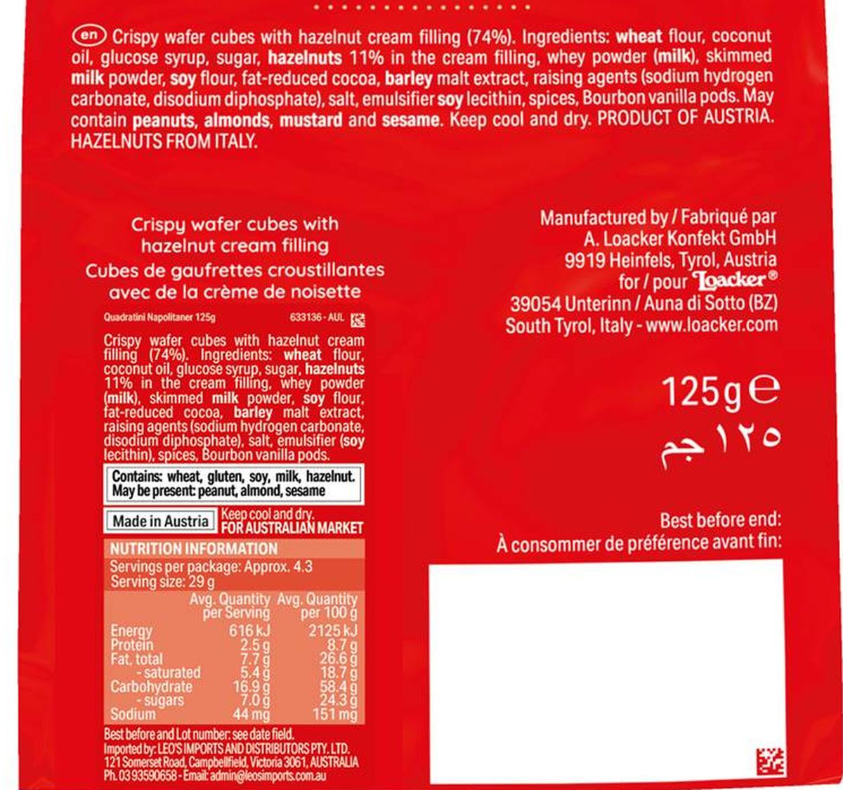 Pack photograph of Loacker Quadratini Wafers Napolitaner 125g showing the printed nutrition panel