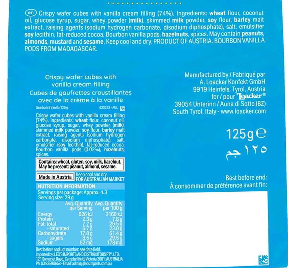 Pack photograph of Loacker Quadratini Wafers Vanilla 125g showing the printed nutrition panel