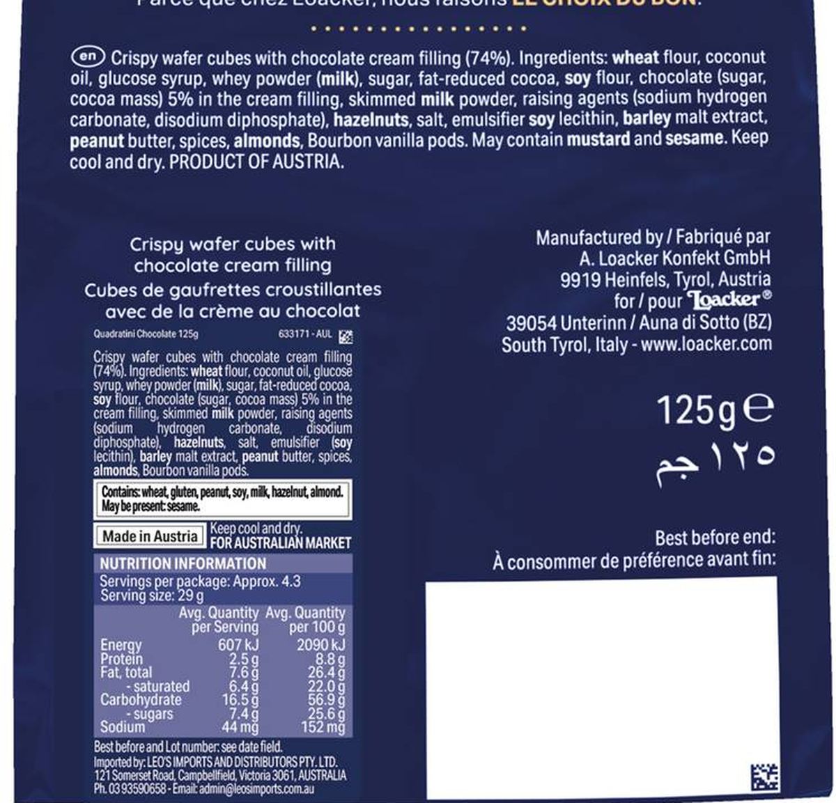 Pack photograph of Loacker Quadratini Chocolate 125g showing the printed nutrition panel