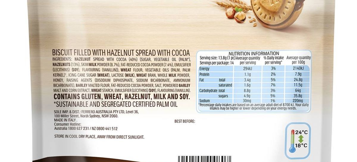 Pack photograph of Nutella Biscuits 193g showing the printed nutrition panel