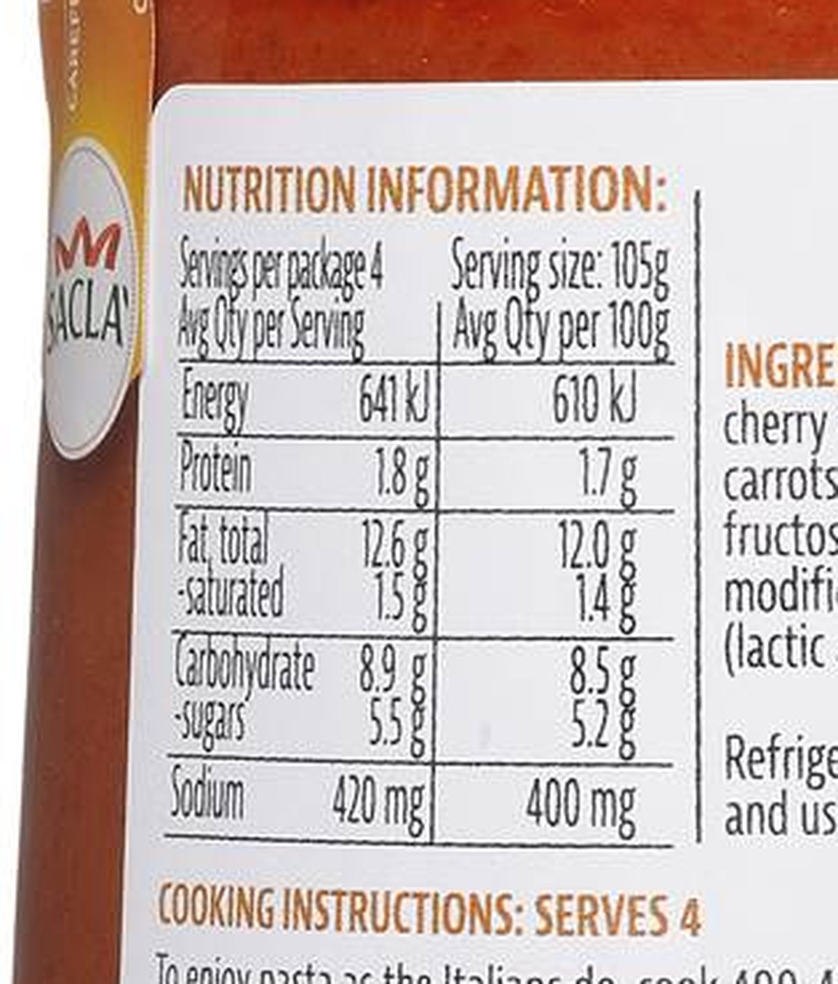 Pack photograph of Sacla Cherry Tomato & Arrabbiata Pasta Sauce 420g showing the printed nutrition panel