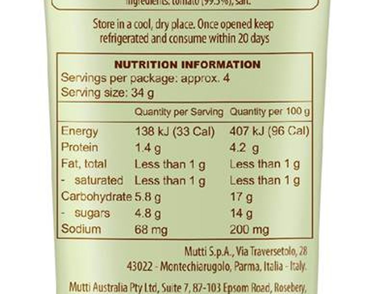 Pack photograph of Mutti Tomato Paste Double Concentrate 130g showing the printed nutrition panel