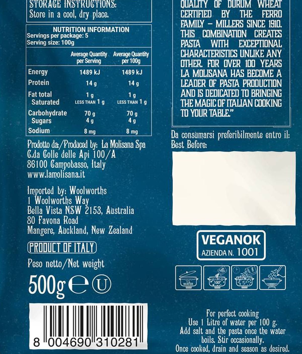Pack photograph of La Molisana Extra Lusso Fusilli Pasta 500g showing the printed nutrition panel