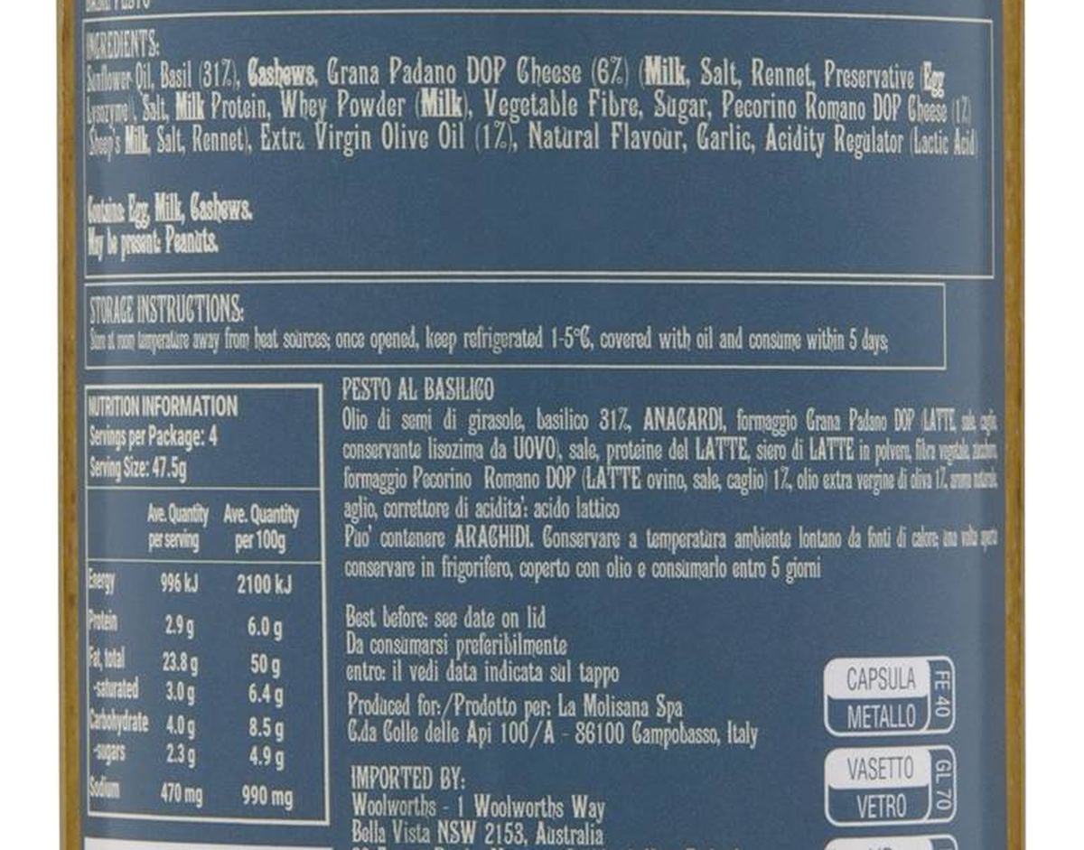 Pack photograph of La Molisana Pesto Al Basilico 190g showing the printed nutrition panel