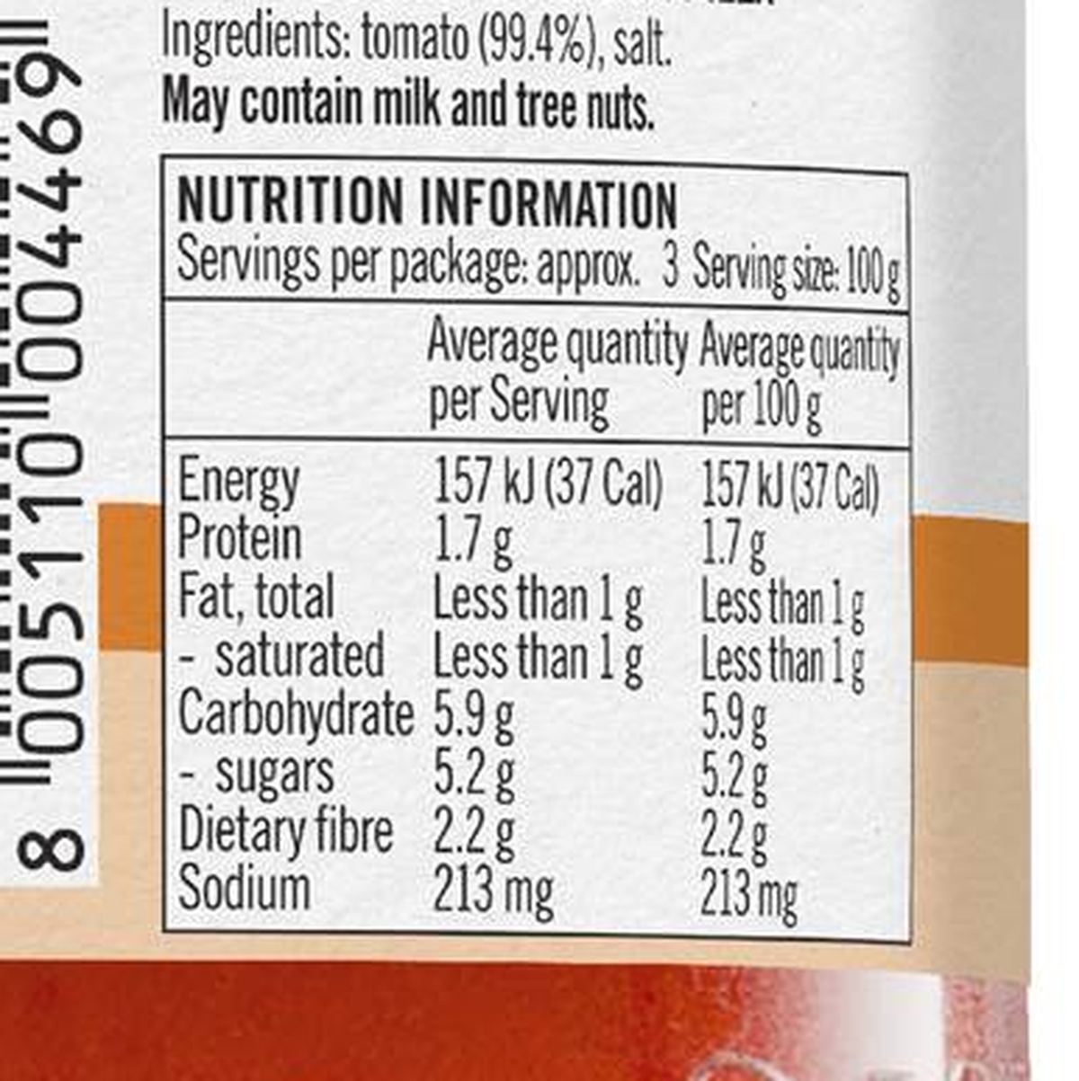Pack photograph of Mutti Pizza Sauce Classica 280g showing the printed nutrition panel