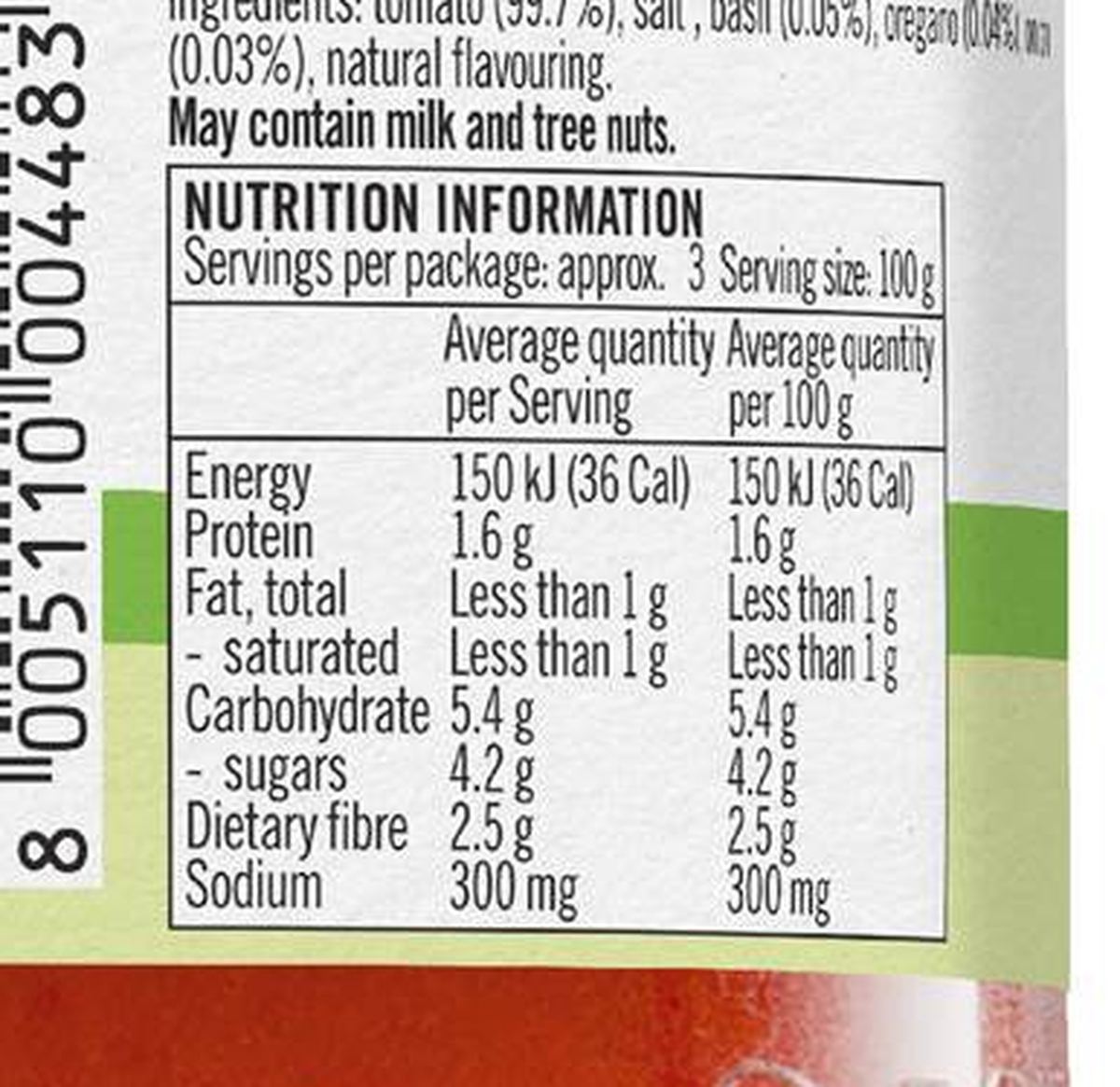 Pack photograph of Mutti Pizza Sauce Aromatica 280g showing the printed nutrition panel