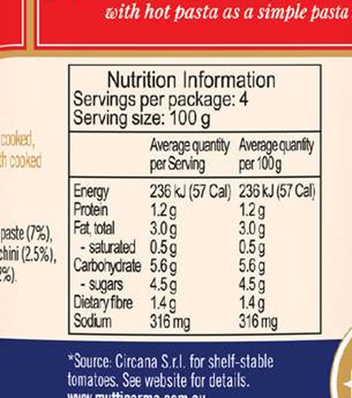 Pack photograph of Mutti Sugo Semplice Pasta Sauce Bolognese 400g showing the printed nutrition panel