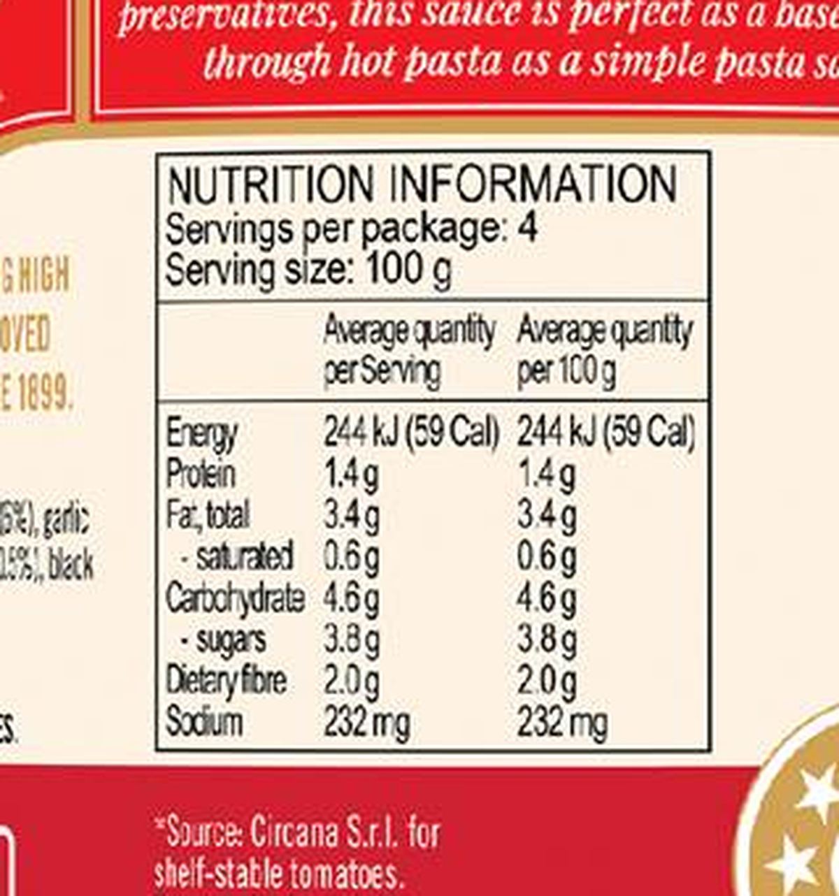 Pack photograph of Mutti Sugo Semplice Pasta Sauce Napoletana 400g showing the printed nutrition panel
