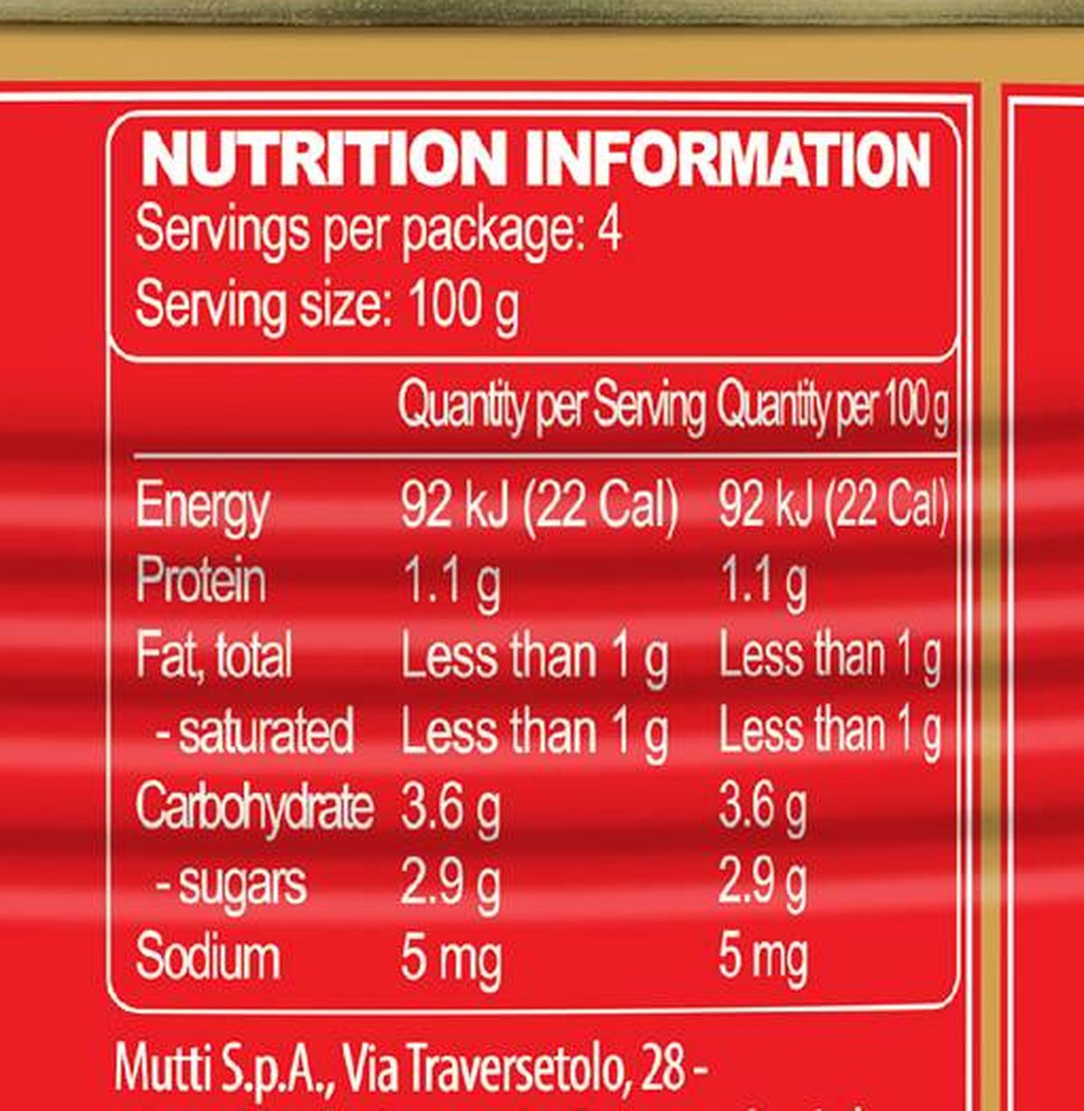 Pack photograph of Mutti Whole Peeled Tomatoes 400g showing the printed nutrition panel