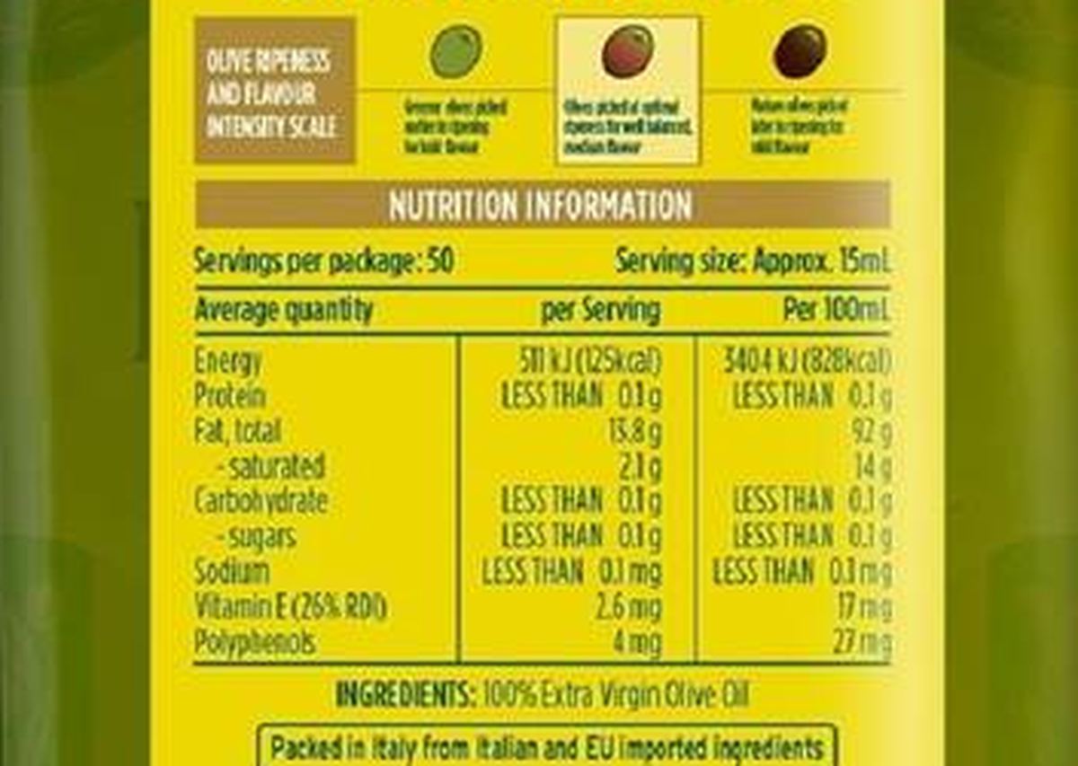Pack photograph of Monini Classico Extra Virgin Olive Oil 750mL showing the printed nutrition panel