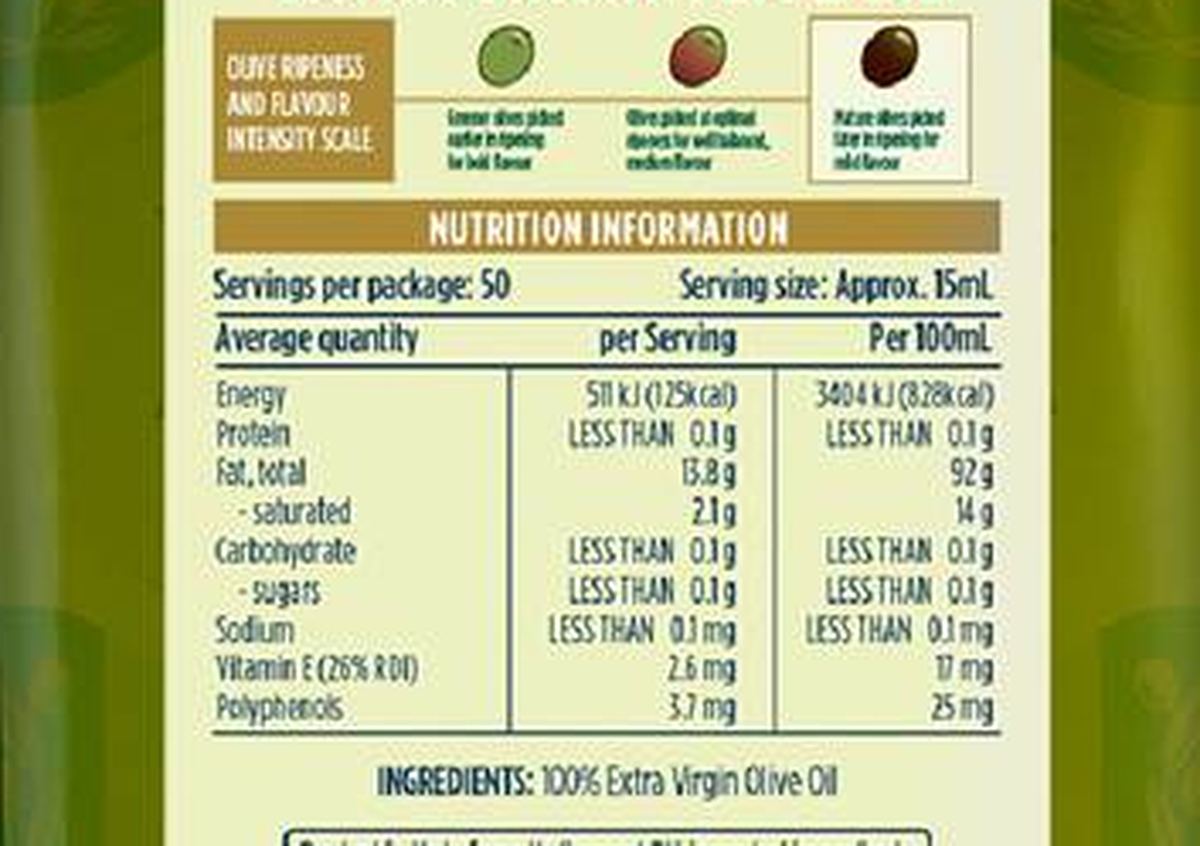 Pack photograph of Monini Delicato Extra Virgin Olive Oil 750mL showing the printed nutrition panel
