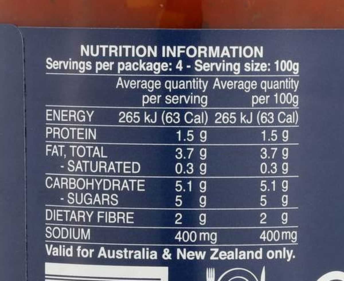 Pack photograph of Barilla Napoletana Pasta Sauce Napoletana 400g showing the printed nutrition panel