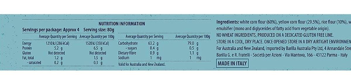 Pack photograph of Barilla Gluten Free Spaghetti Gluten Free 340g showing the printed nutrition panel
