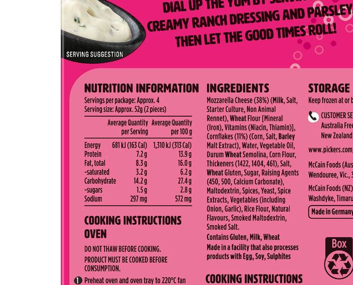 Pack photograph of McCain Pickers Smoky Mozzarella Mini Donuts 230g showing the printed nutrition panel