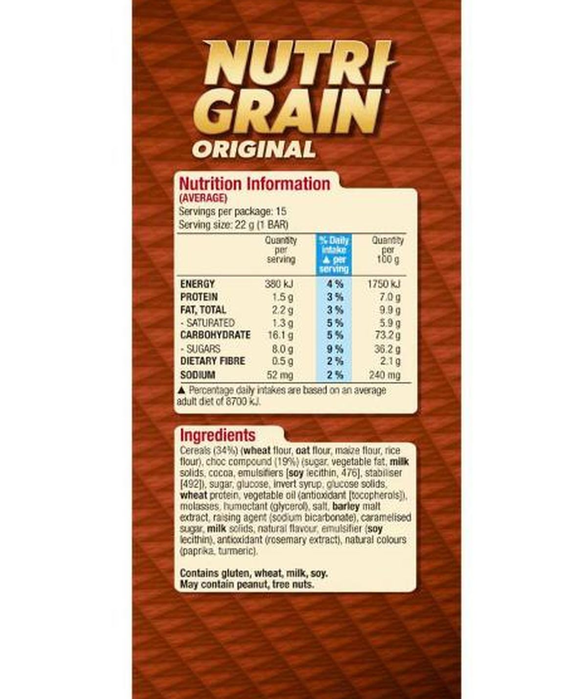 Pack photograph of Kellogg's Nutri Grain Bars Original 15 pack showing the printed nutrition panel