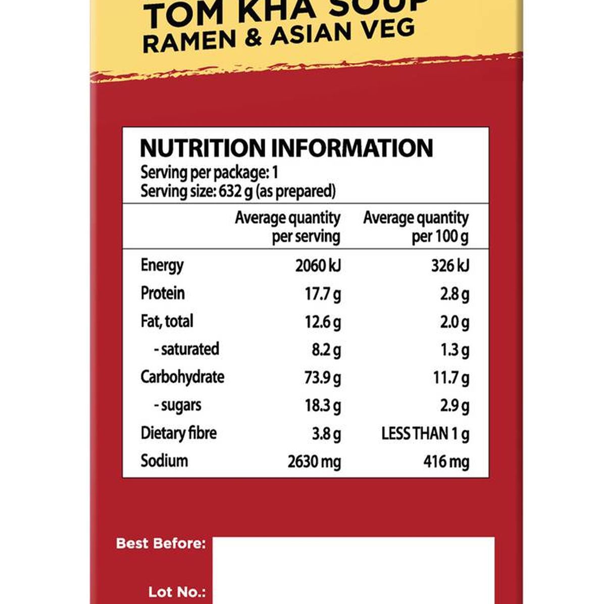 Pack photograph of Authentic Asia Prawn Wonton Tom Kha Soup 302g showing the printed nutrition panel