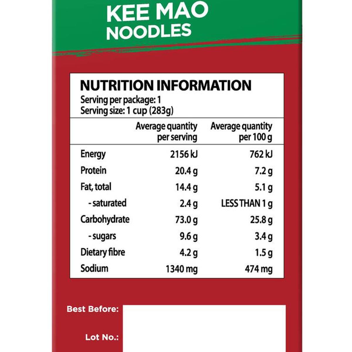Pack photograph of Authentic Asia Thai Prawn Wonton Kee Mao Noodles 283g showing the printed nutrition panel